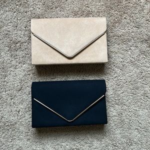 Set of 2 Faux Suede Formal Clutches (Black and Camel with Gold Hardware)